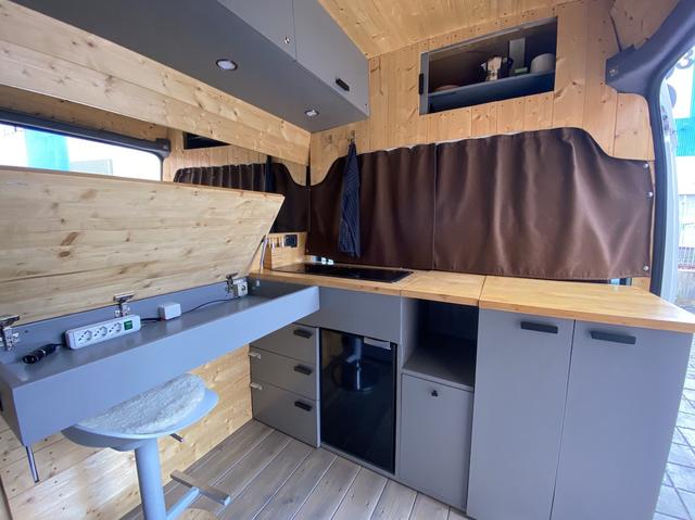 DIY Camper Van Desk and kitchen